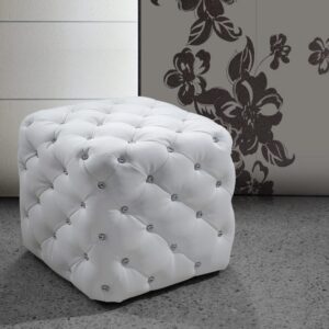 OT1006/WHITE LEATHER WITH CRYSTALS POUF
