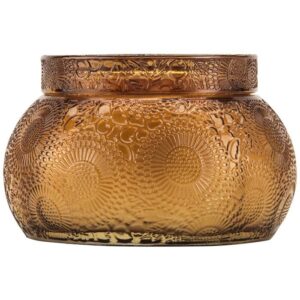 SC1027/Baltic Amber Embossed glass CHAWAN bowl with lid.