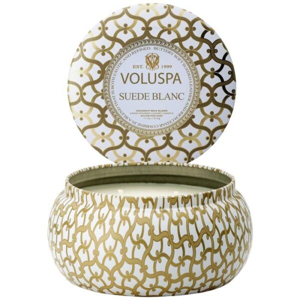 SC1040/SUEDE BLANC 2 WICK METALLO CANDLE IN PRINTED TIN