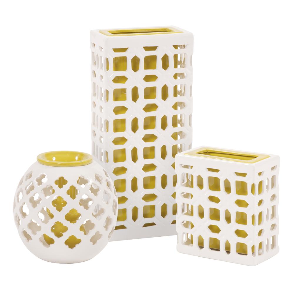 VS1167/CERAMIC WHITE LATTICE W/YELLOW INNER VASE