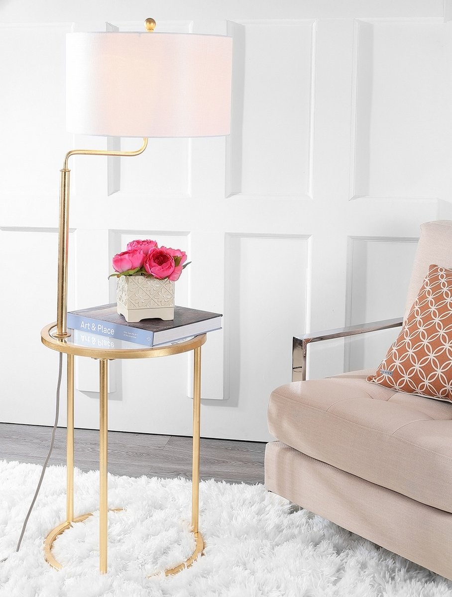 FL1039/CRISPIN FLOOR LAMP SIDE TABLE/GOLD LEAF/WHITE LINEN SHADE