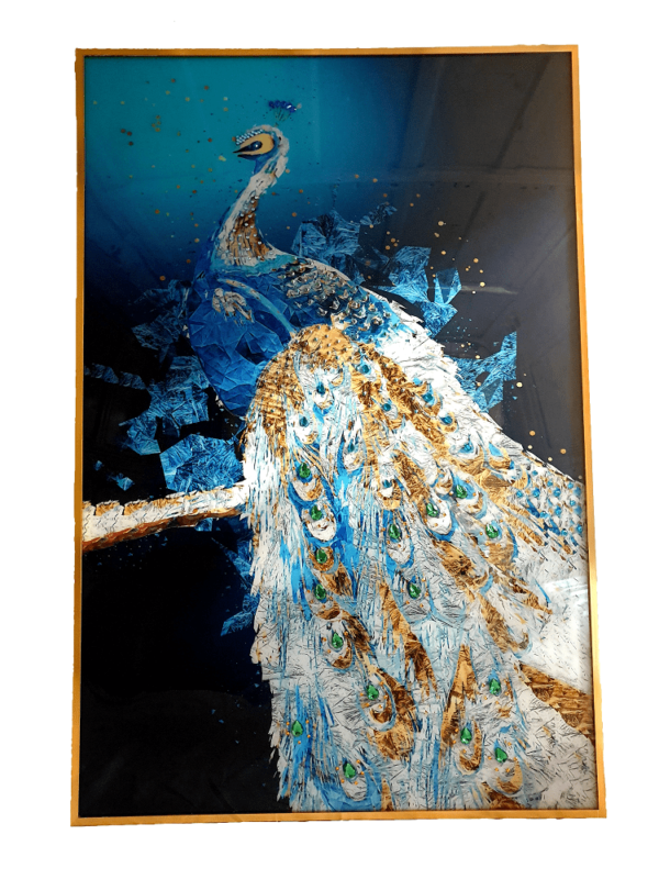 PA1215/TURQUOISE PEACOCK GLASS PAINTING 80X120 CM